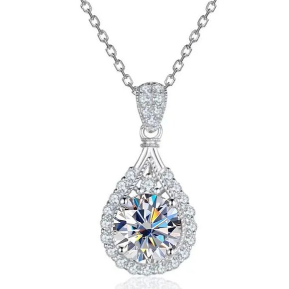 Certified 5ct. t.w. Moissanite Diamond Teardrop Halo Necklace NEW - Picture 7 of 13